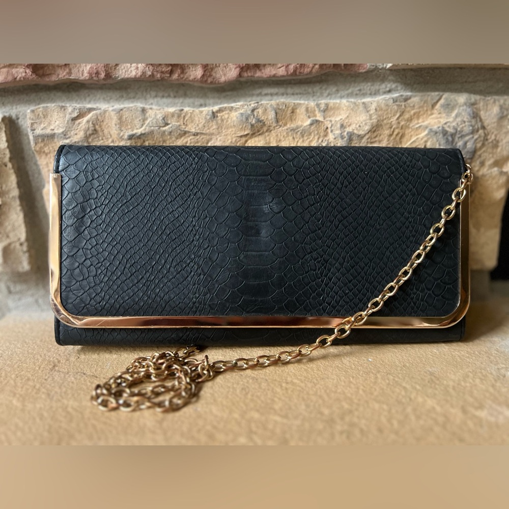 ALDO Black Snake-Embossed Clutch with Gold Chain